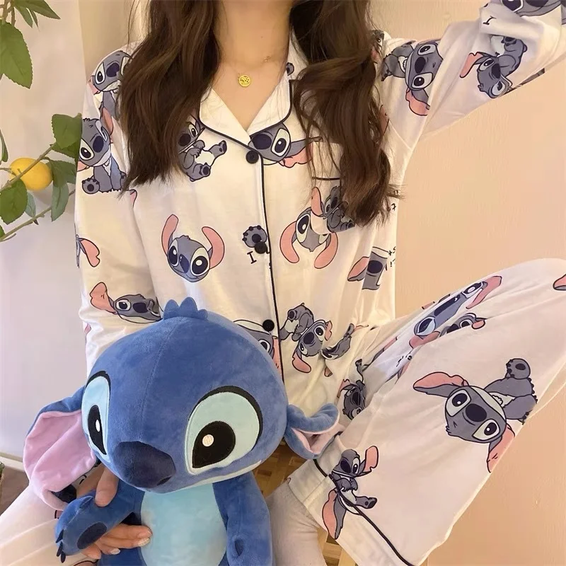 

Новинка весна-осень, пижама Disney Stitch, Женская милая свободная уличная одежда из искусственного хлопка с героями мультфильмов