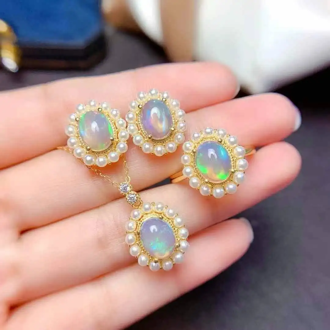 

Opal Set 100% Opal jewelry set Natural And Real Opal 925 sterling silver 1pc pendant,1pc ring,2pcs Earring