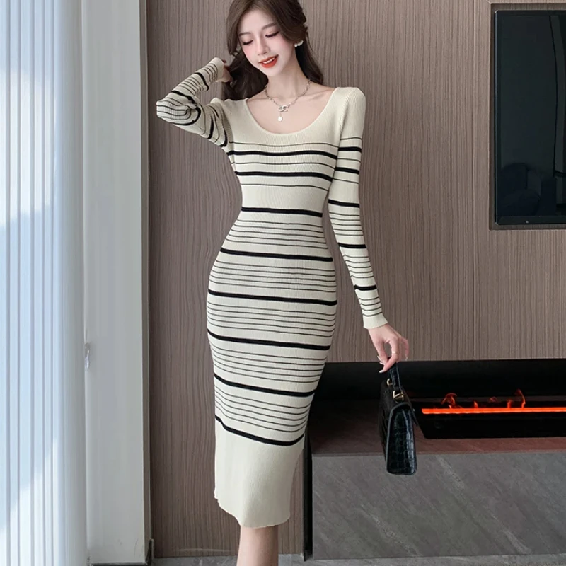 Women Knitting Dress Ladies Casual O-neck Stripes Slim Ift Thin Long Sleeves Over Hip Knee-length Office Pencil Dress