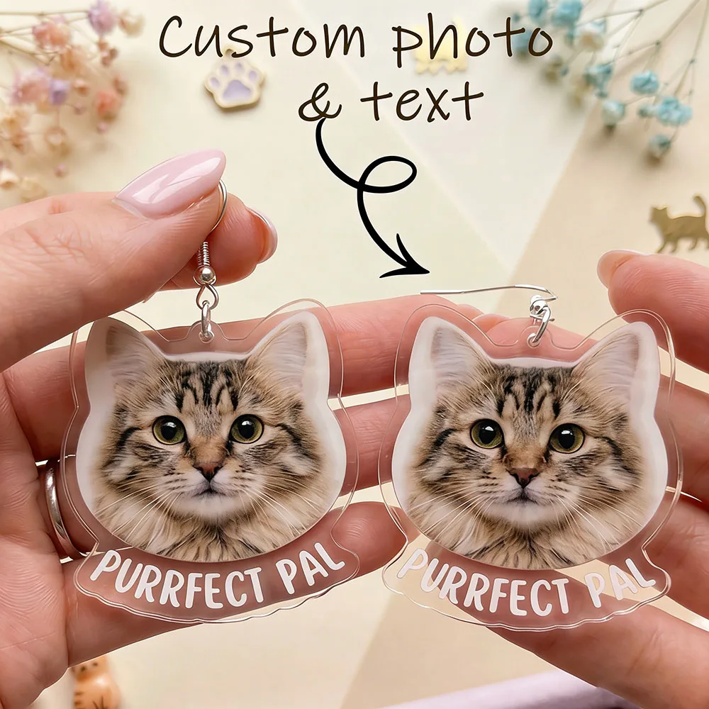 Personalized Pet Photo Jewelry, Custom Cat Face Acrylic Earrings, Custom Pet Picture Earrings, Cat Mom Gift, Pet Lover, Women,