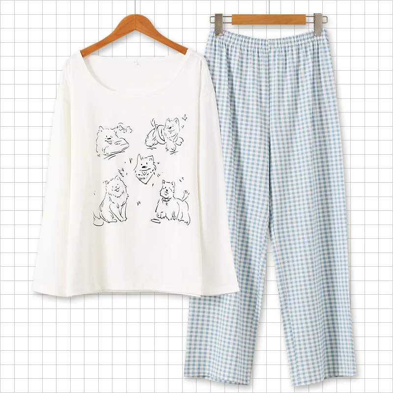 

Женский пижамный комплект с милым котом и рисунком Kawaii, одежда для сна с мультяшным принтом, топ и карманы с клетчатыми брюками в клетку, 100% хлопок, комплект из 2 предметов