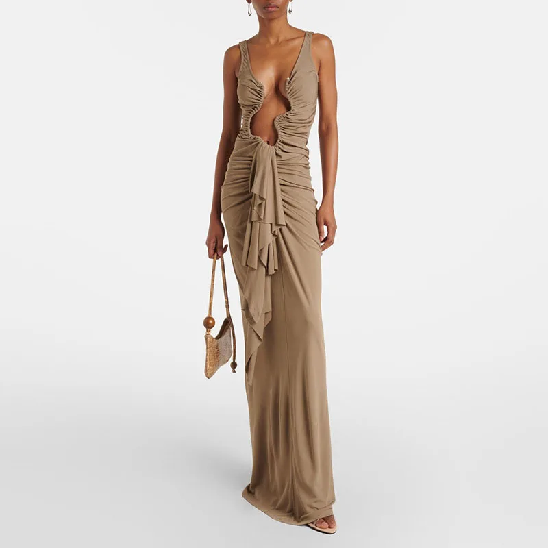 Primavera Verano sin mangas elegante vestido largo mujer Sexy U asimétrico hueco volante vestido de fiesta elegante sólido ajustado vestido con cremallera sin espalda