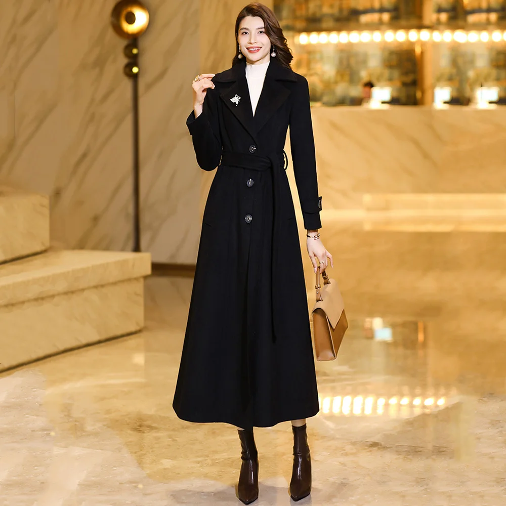 Women Autumn Winter Long Woolen Coat Fashion Elegant Suit Collar Single Breasted Wool Blended Overcoat Classic Black Outerwear