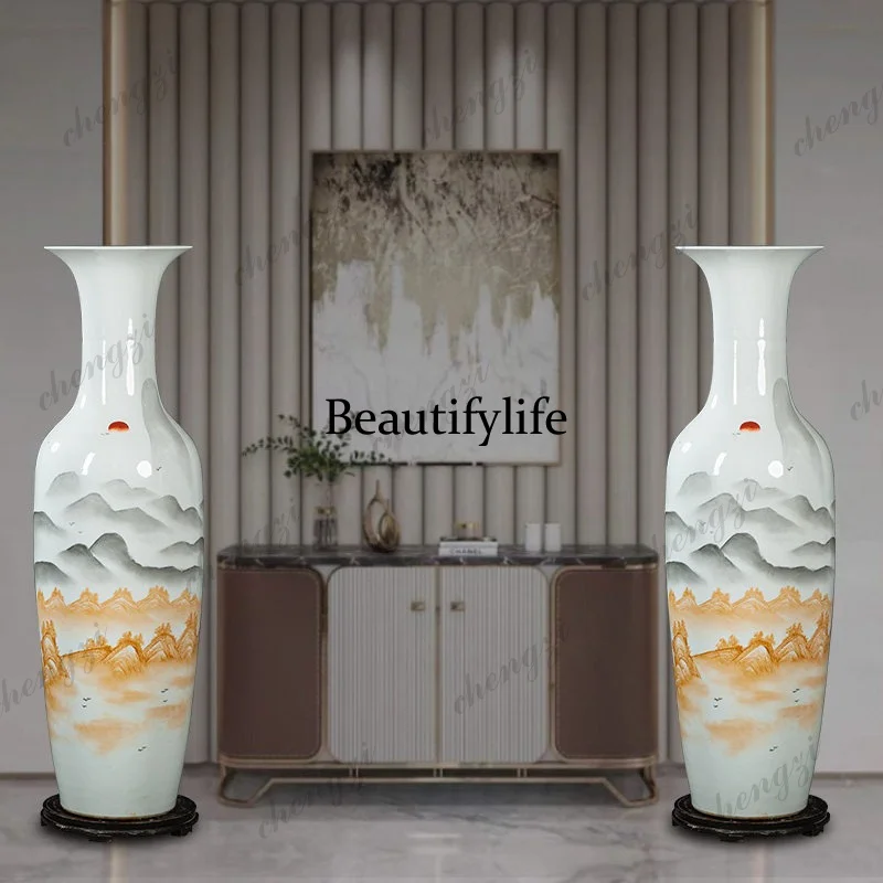 Jingdezhen ceramic hand-painted floor-to-ceiling large vase living room entrance villa flower arrangement large ornament