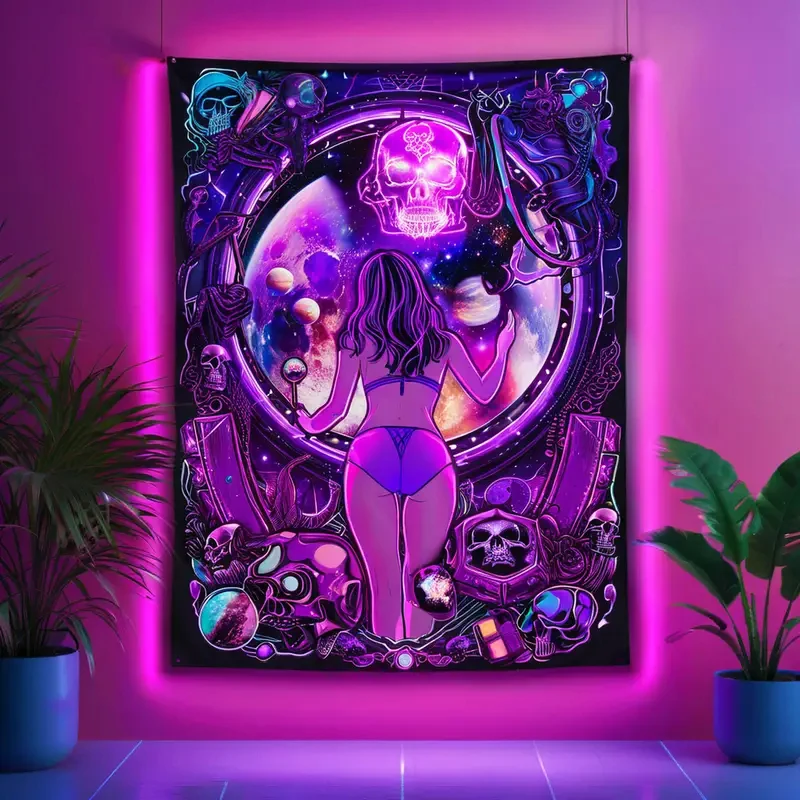 VIKAMA Psychedelic Cyberpunk Tapestry Purple Space Jellyfish Girl Mechanical Skull Print UV Blacklight Wall Hanging Decor Cloth