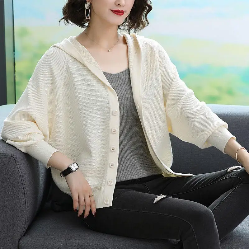Woman Sweater Cardigan Autumn Knitted Long Sleeve Hooded Button Loose Solid Color woman's Clothing Dropshipping LXJ22265