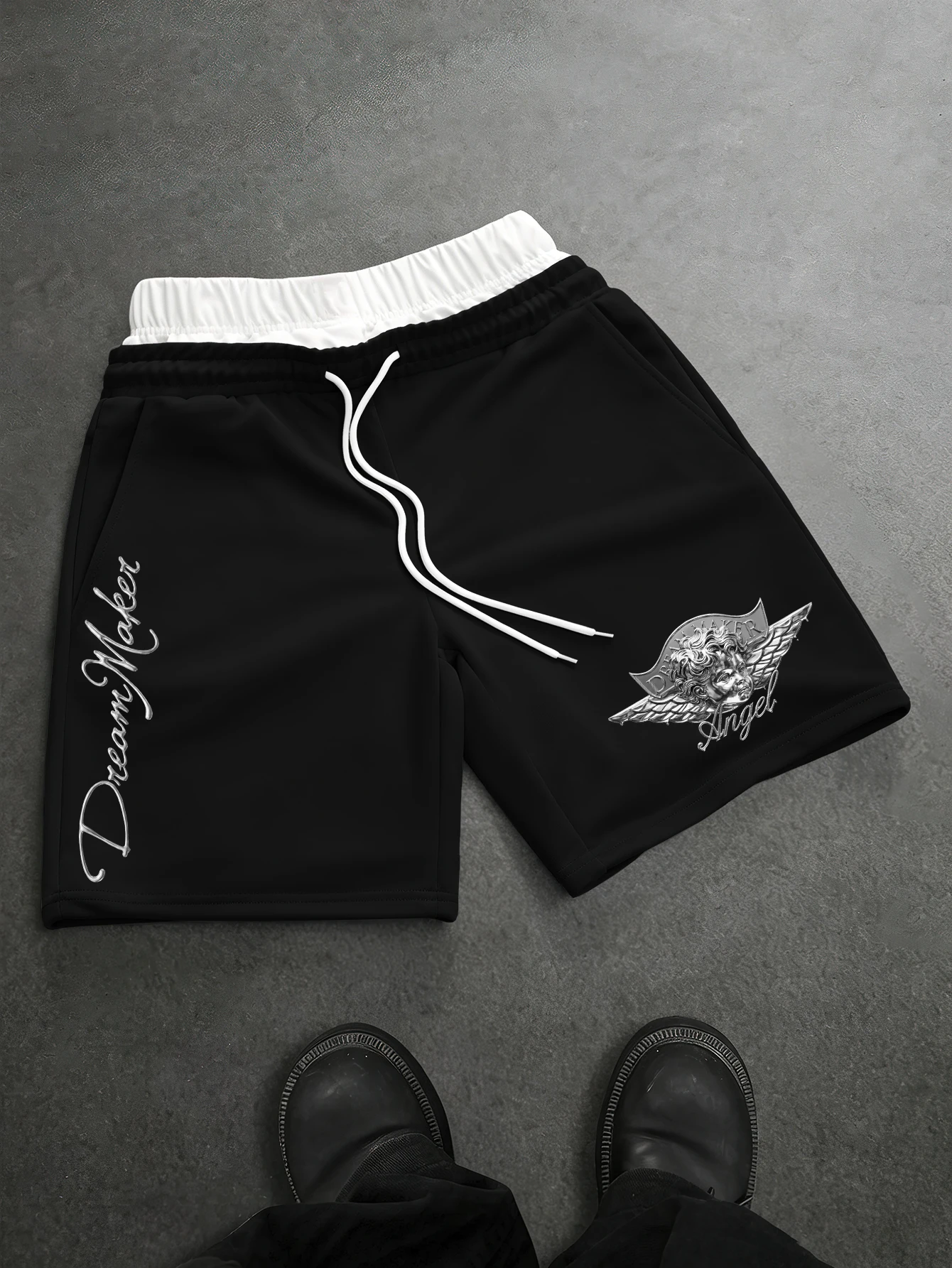 Men's Loose Streetwear Angel Wing Dream Maker Letter Graphic Drawstring Shorts Polyester Elastic Waist S‑2XL