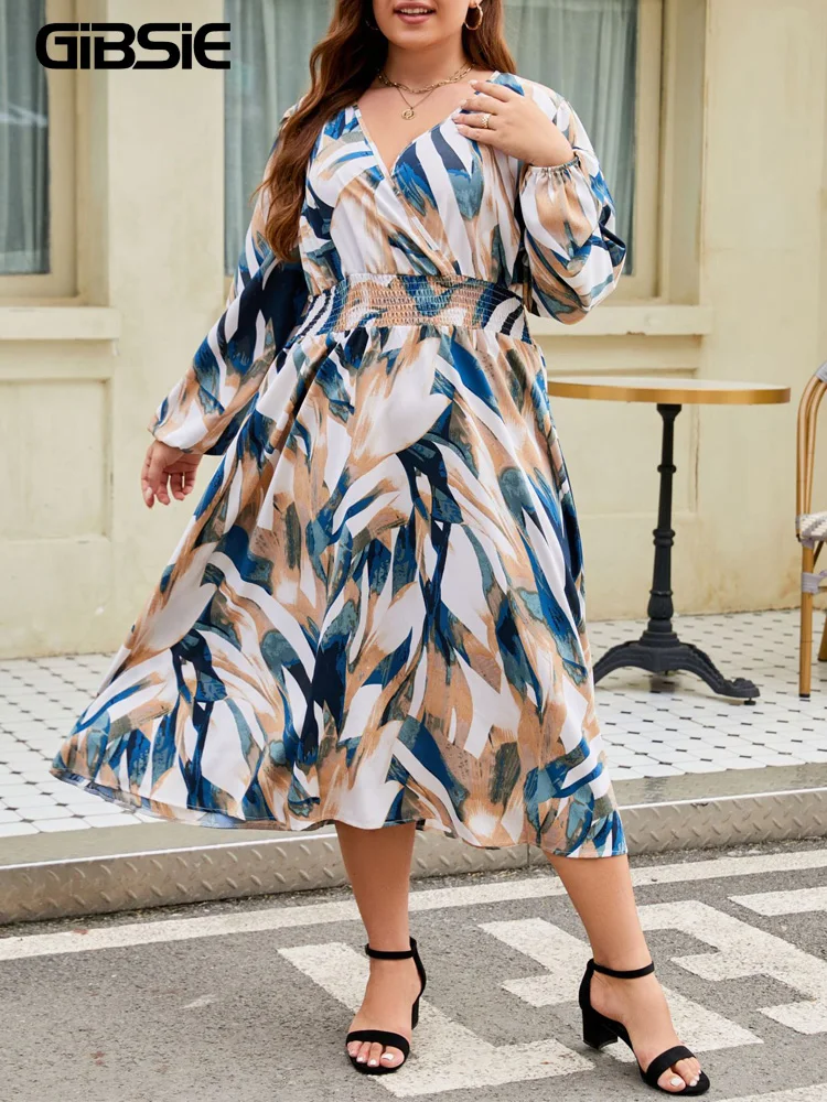 GIBSIE Plus Size Boho Causal Print Long Dress Wrap V Neck Full Lantern Sleeve Eleganckie sukienki o linii A z wysokim stanem dla kobiet 2024