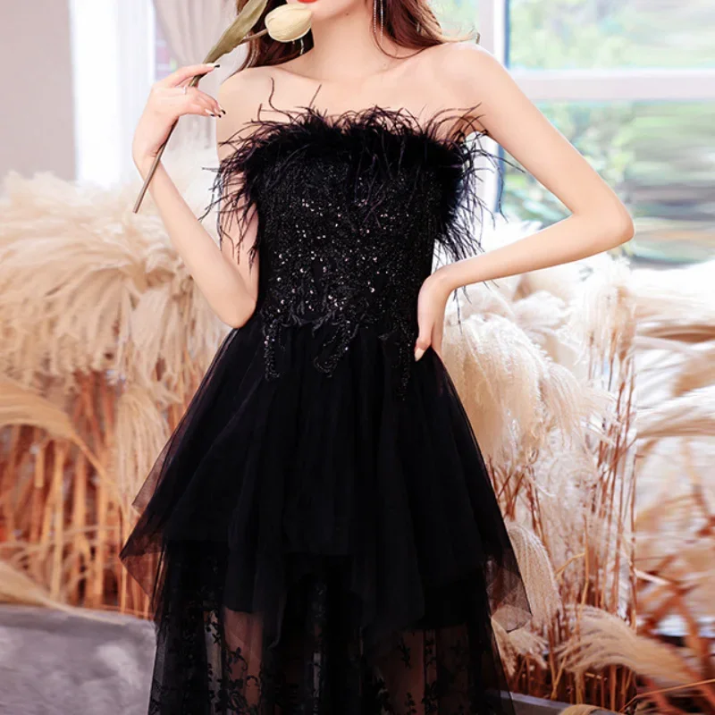 Customized Strapless Appliques Vestidos Elegantes Para Mujer Mesh Design Party Dress 2024 Summer Feather Tiered Slim Waist Eveni