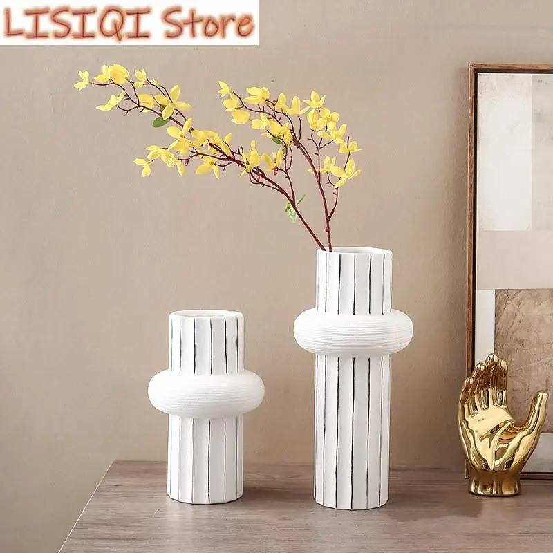 New Ceramic Vase Geometric Stripes Golden Ring Flower Hydroponics Porcelain Handicraft Ornaments Home Decoration