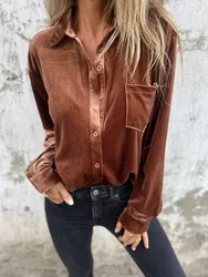 Autumn Winter Gold Velvet Pocket Shirt For Women 2024 Lapel Long Sleeve Button Blouse Top Fashion Loose Solid Color Top Female