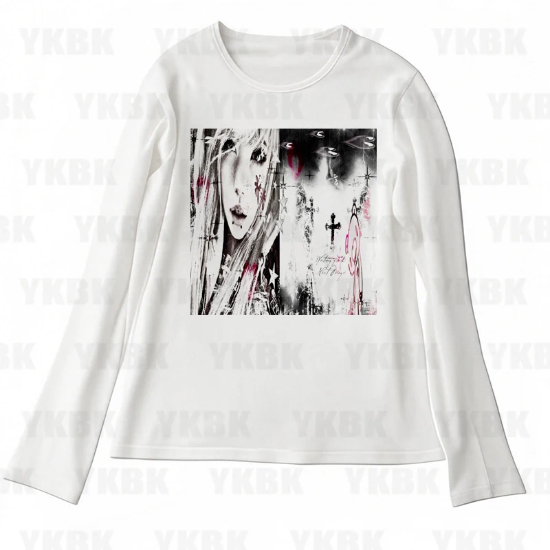 Kawaii Mädchen Langarm Print Anime Tees Y2k Slim Fit Mode Tops Streetwear Frauen Harajuku Retro 90er Jahre Casual Punk Baby Gothic