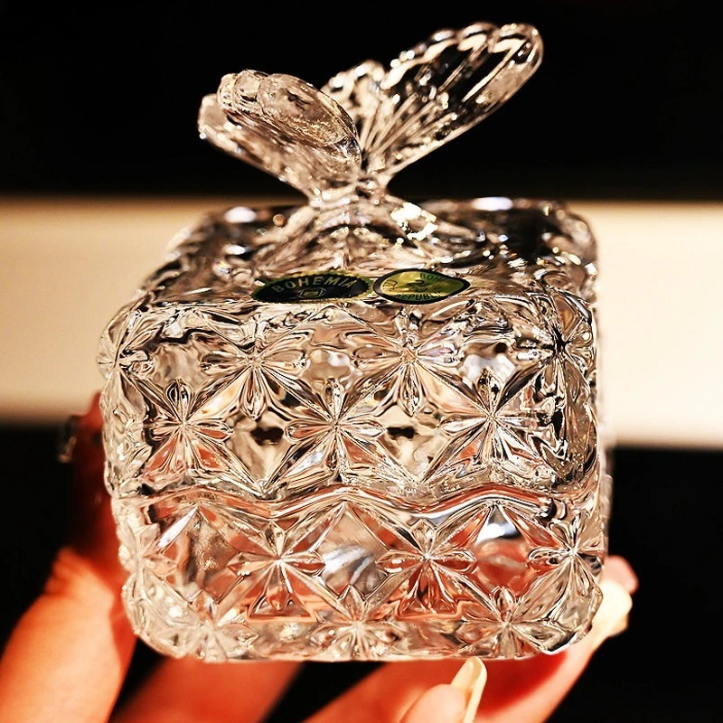 Crystal Glass Butterfly Candy Jar Thick Sturdy Smooth Antique Elegant Sugar Bowl Snack Dish Coffee Sweet Container Ornament
