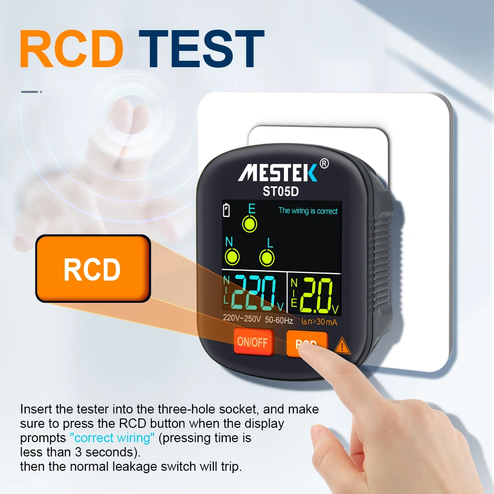 Mestek Socket Tester Electric Voltage 250V Detector EU UK US Plug Safety RCD 30mA Phase Check Ground Zero Line Socket Tester