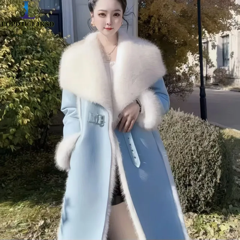 Faux Mink Fur Coats for Women,Fox Fur Collar Long Jackets Overcoat,Female Clothes,New,Autumn and Winter