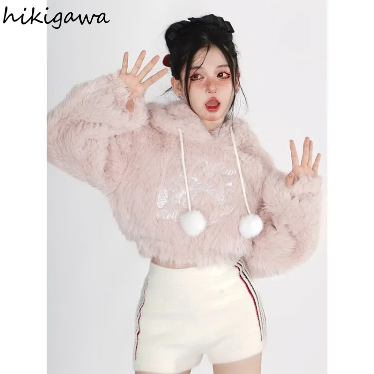 Pink Cute Hoodie Women's Clothing Y2k Tops Cat Embroidery Furry Soft Sweatshirts 2024 Ropa Mujer Hooded Casual Sweet Hoodies