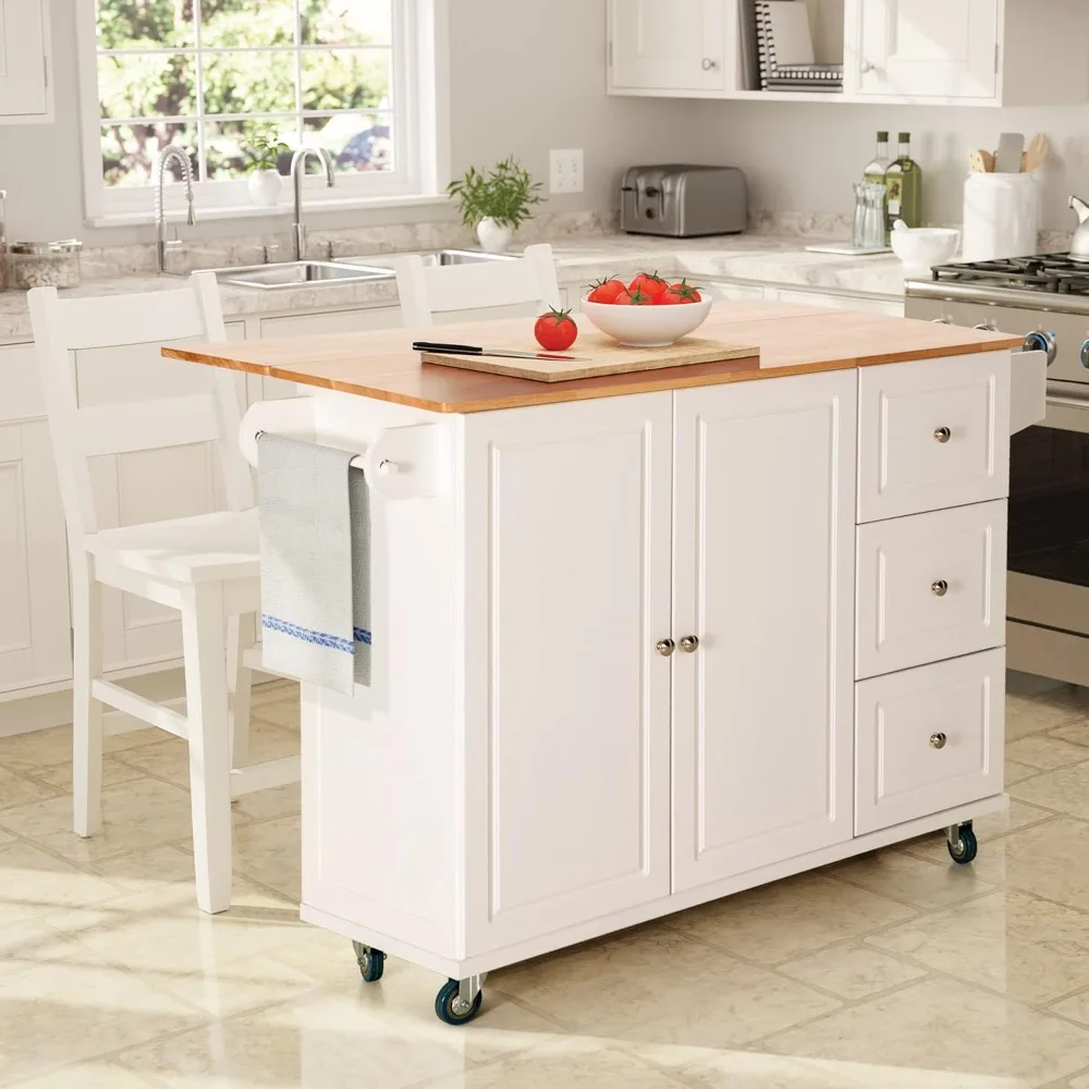 

Kitchen Island Cart on Wheels with Drop-Leaf and Rubber Wood Top, Rolling Kitchen Trolley with 2-Door Storage Cabinet, 3 Drawers