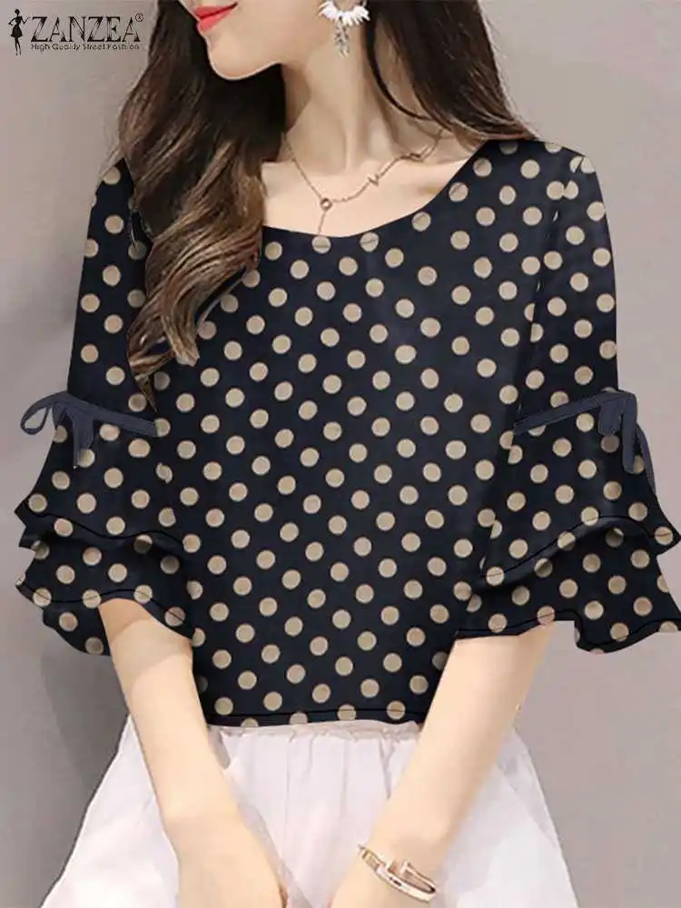 ZANZEA Women Polkda Dot Tops Summer Half Flared Sleeve Lace Up Casual Blosues O Neck Holiday Korean Fashion Elegant Blusas Mujer