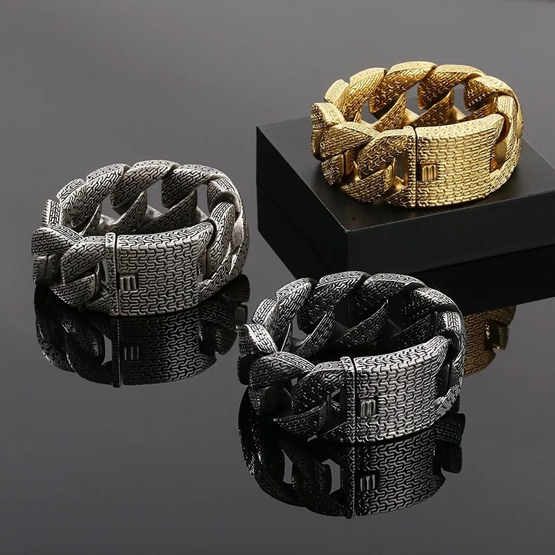21/31MM Punk Gold Color Curb Cuban Chain Bracelet Men Women Hiphop Black Stainless Steel Wheel Domineering Charm Bangle Jewelry