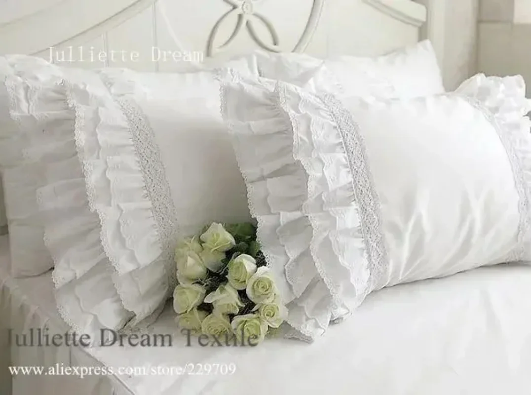 2PCs Luxury Heavy Craft Handmade Pillow Cover Pillow Case Cake Lace Ruffle Satin Cotton Pillowcases Wedding Bedding Pillow