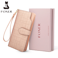 FOXER Women Cowhide Leather Wallets Long Bifold Wallet Clutch Cellphone Bag with Wristlet Quality Card Holder Zipper Coin Purse