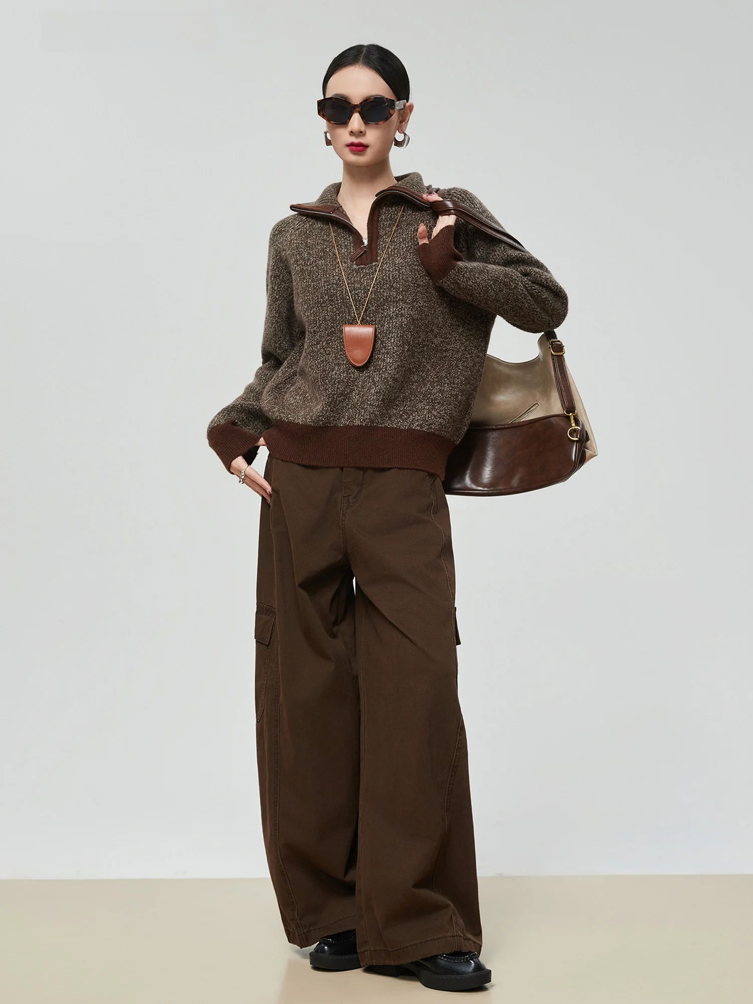 

Мягкий уютный вязаный свитер в американском ретро-стиле кофейного цвета с большим воротником, утолщенный, женский, зимний, новинка, высококачественная модная модель