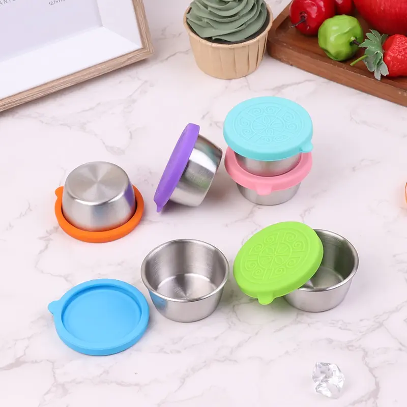 50ml Stainless Steel Small Sauce Cups with Silicone Lid Seasoning Box Snack Dipping Dish Condiment Containers Kitchen Tools