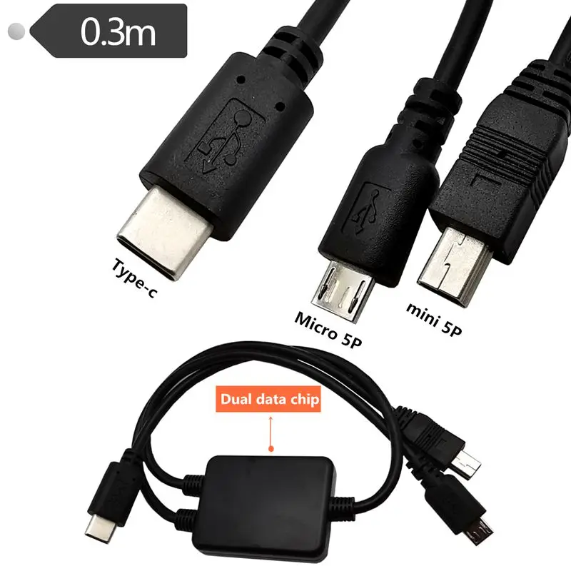 0.3m Simultaneous Simultaneous Interpreting OTG Dual Data 1/2 USB3.1 Type-C to Mini 5P/Micro USB OTG Data Cable