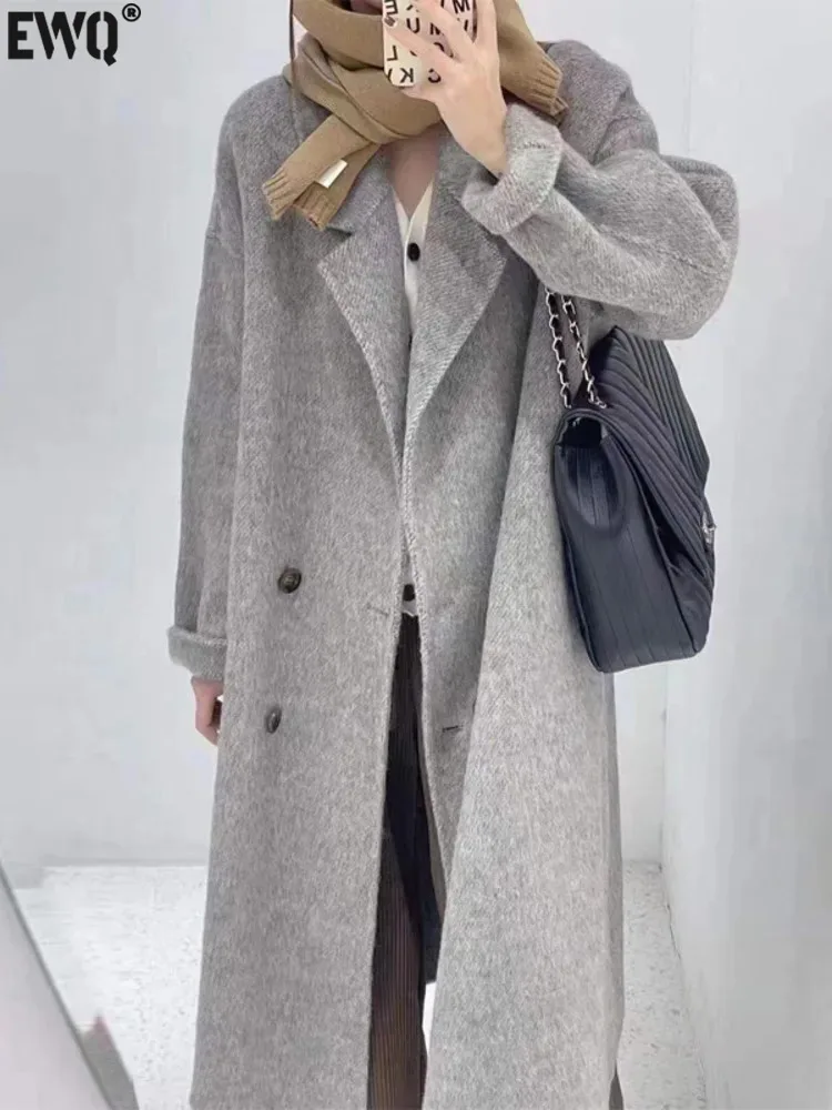 

[EWQ] Korean Style Fashion Double Breasted Two-faced Cashmere Coat Solid Women Long Woolen Coats Winter 2024 Autumn New 16O1636