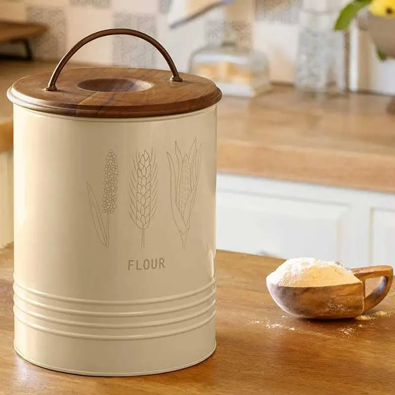 

Durable Stylish Grain Storage Barrel with Wood Lid Kitchen Canister 8.6x8.6x11 Inches