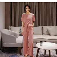 Women's summer lightweight solid-color home wear set - short-sleeved stretch waist pants for lazy pajamas - Image 2