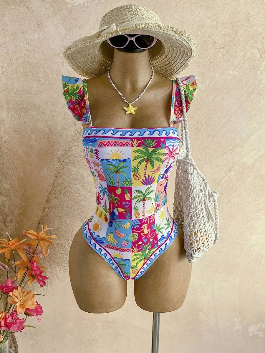 

Womens Colorful Tropical Print Square Neck Cap Sleeve One-Piece Swimsuit For Beach Summer Vacation
