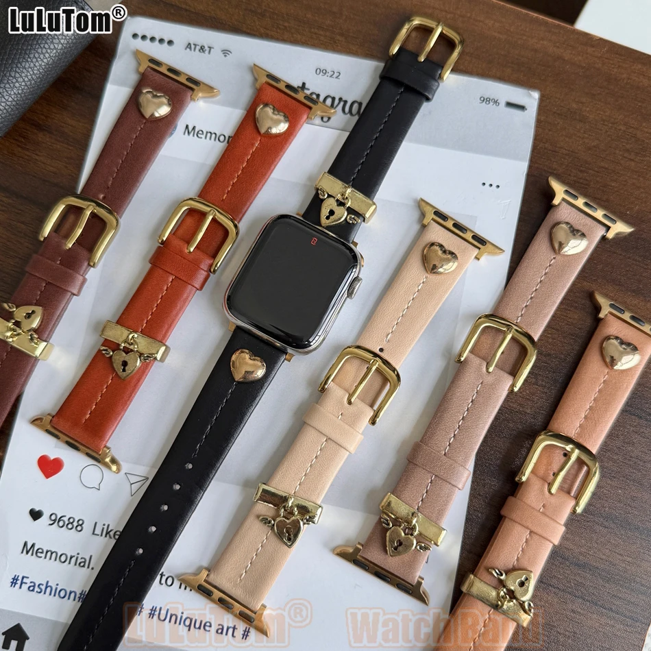 

Винтажный кожаный ремешок с замком Love Lock для Apple Watch серии 38–49 мм 10 9 8 7 6 5 4 3 SE Ultra Женский ремешок-браслет с подвеской-подвеской