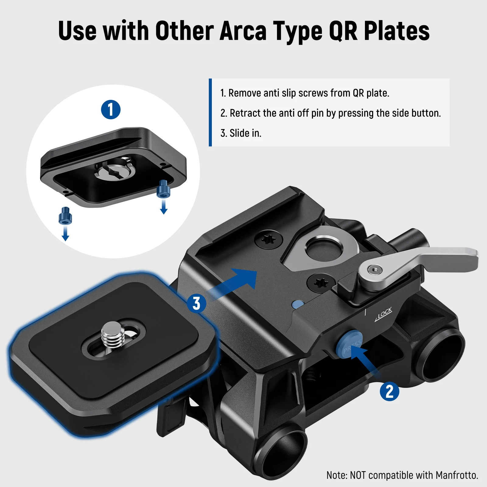 NEEWER 15mm LWS Baseplate with Arca Type QR Plate & Base, Dual 15mm Rod Clamps, Retractable Anti Off Pin, 1/4\