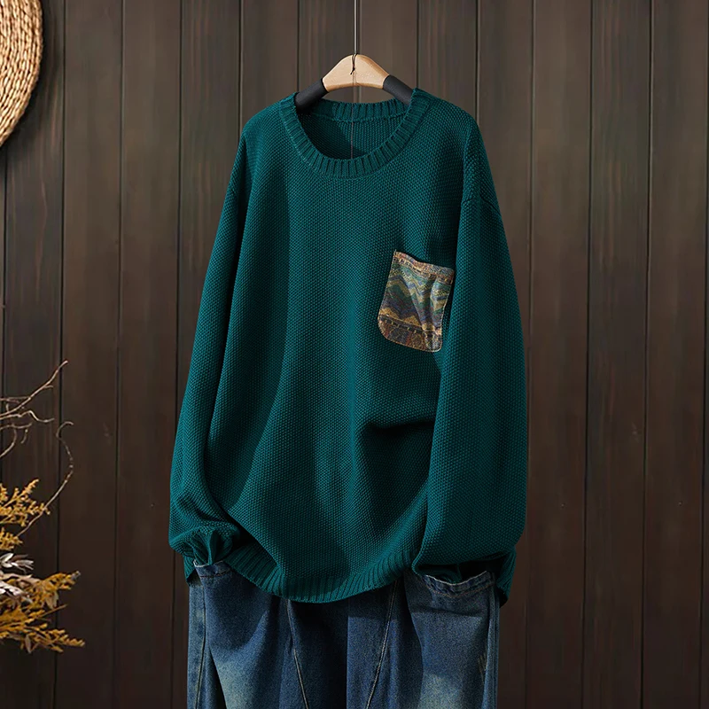 Maglione di cotone lavorato a maglia da donna Primavera Autunno Nuovo Sle Casual rotondo Ne Loose Fit Patch di grandi dimensioni ket Design floreale