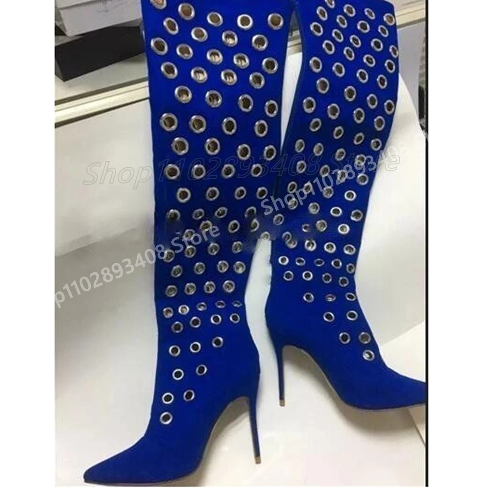 

Dark Blue Hollow Rivets Decor Knee High Boots Pointy Stiletto Heel Suede Party Sexy Women Shoes 2025 Hot Girl Summer Para Mujere