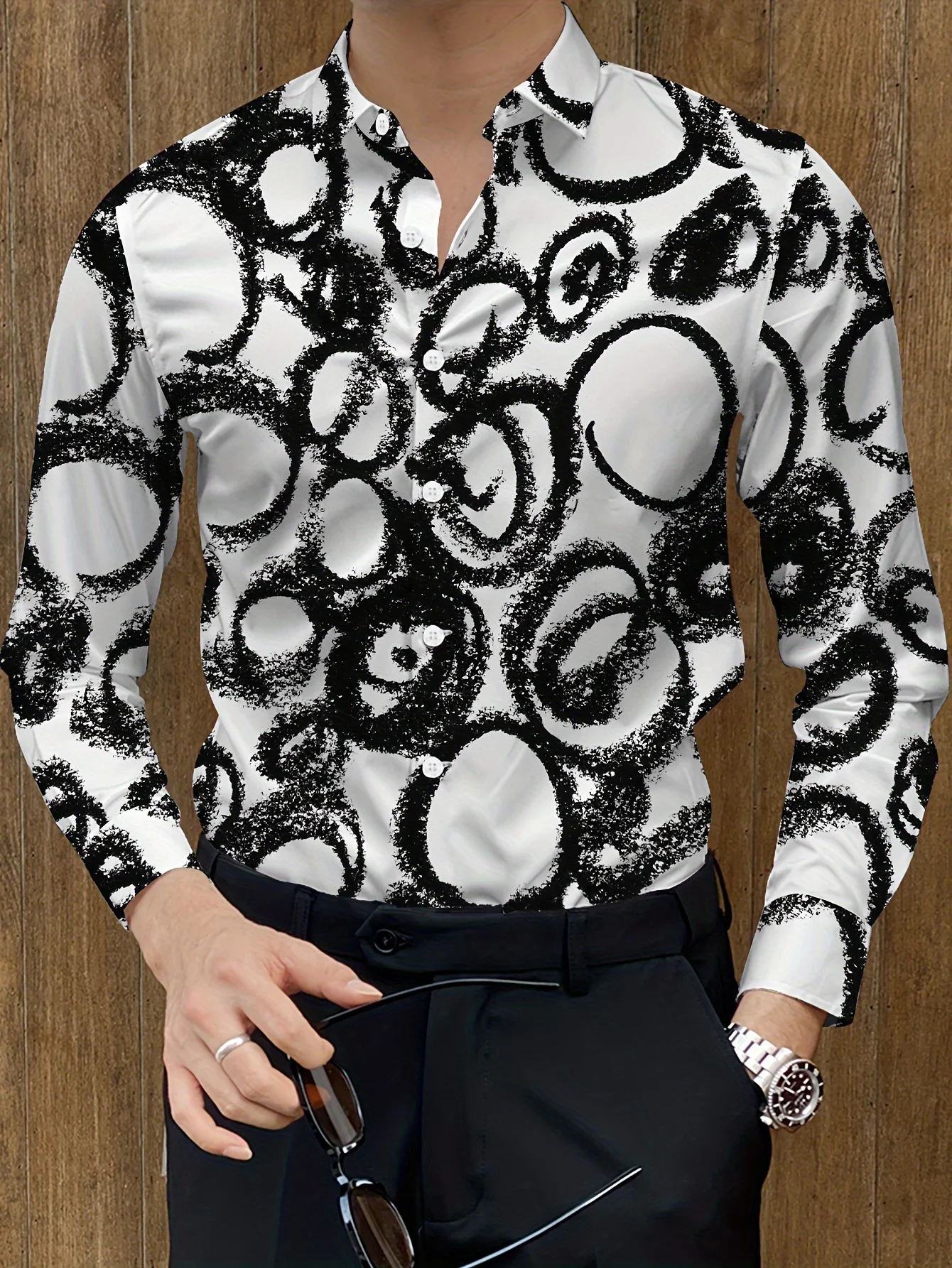 Men's Stylish Leopard Print Long Sleeve Shirt - Casual & Trendy, Polyester,  Perfect for Spring/Fall