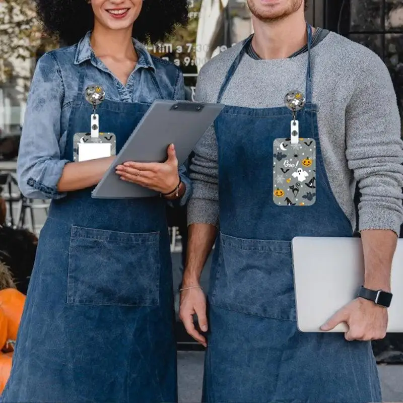 

96GE Halloween Retractable Lanyards with Carabiner Clip Card Holder Pumpkins Badge Holder Reels Lanyard Set for Student