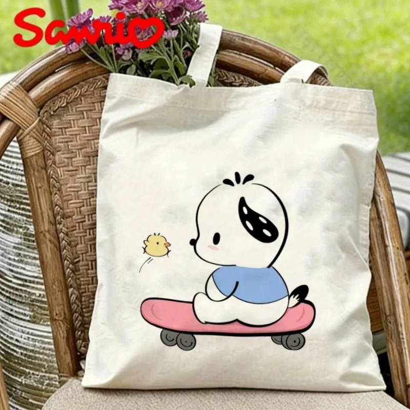 1PC Kawaii Sanrio Pochacco on Pink Skateboard with Little Chick Print Eco-friendly Canvas Shoulder Bag