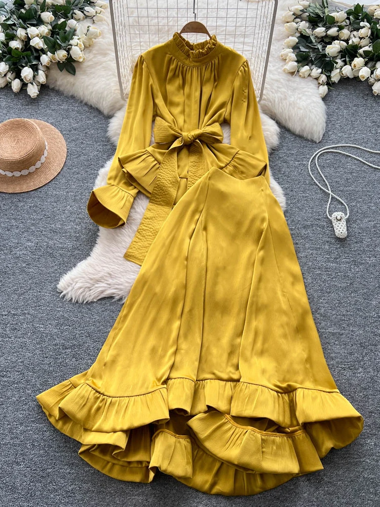 

Faionable Belted Long Sve Satin Top High Waist Flounce Skirt Set for Women Autumn Season Two-Piece Outfit Casual Wear