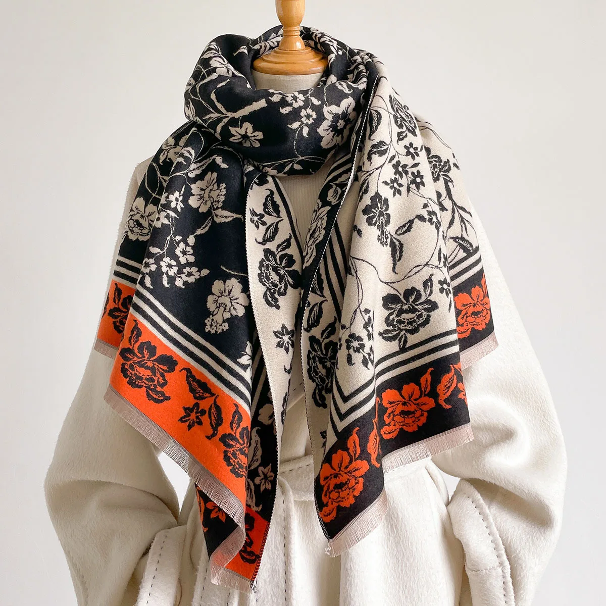 Winter High Grade Faux Cashmere Shawl Women Black Vintage Romantic Botanical Vine Floral Motif Thick Cozy Warm Large Wrap Scarf