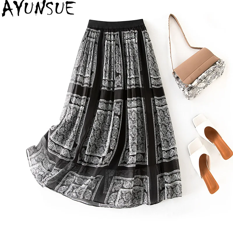 

AYUNSUE Real Silk Women's Skirts Stylish Printed Skirts for Women Black&white Flowing Summer Skirt Woman Clothes Юбка Женская