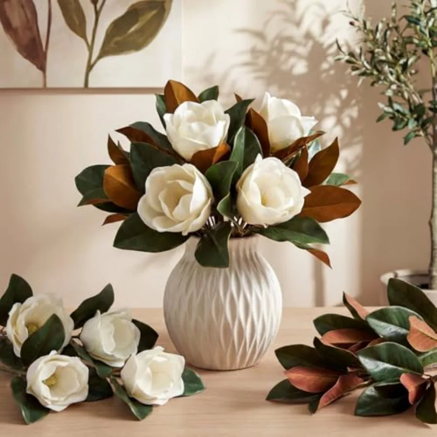 4 Pcs 15.7'' White Artificial Magnolia Flower Stems and Branches for Indoor Outdoor Vase Filling Wedding Bouquet Floral Arrange