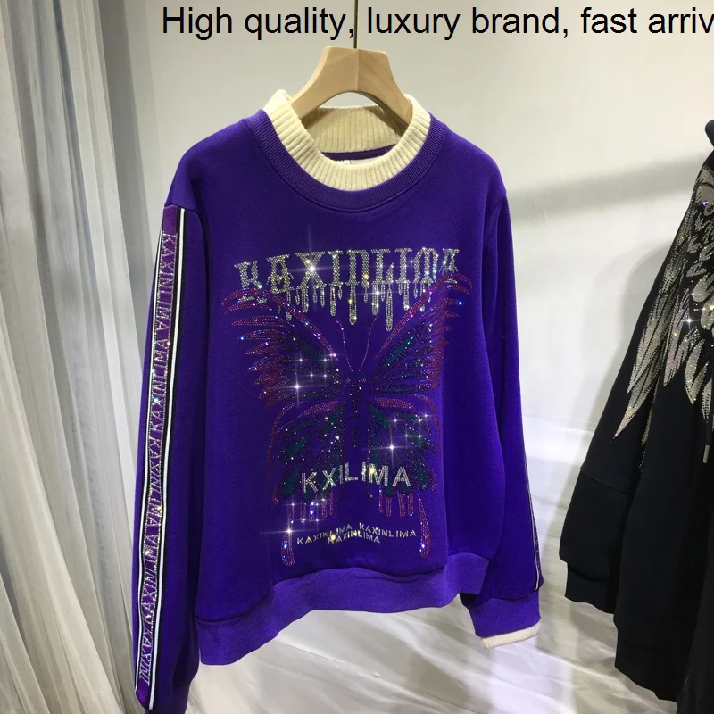 

Sweatshirt Thicken Women 2023 New Autumn Winter O-neck Pullovers Top Sparkling Butterfly Hot Drilling Purple Long Sleeve Hoodie