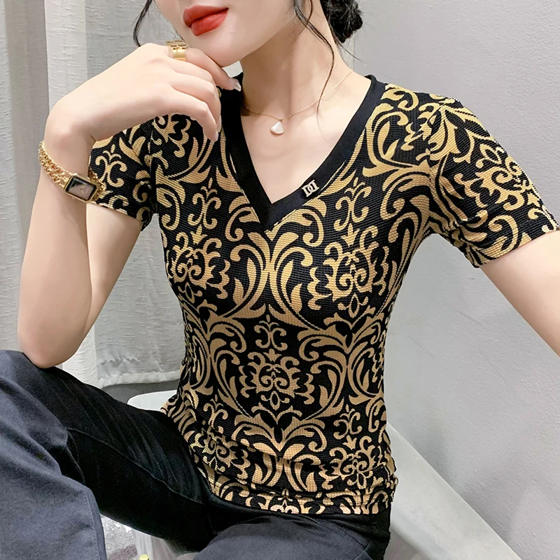 MadBlack-Women's European T-Shirt, Sexy V Neck Geometry Print, Clubwear Short Sleeve Slim M-3XL Mesh Tee, 2026 Summer T62304CC