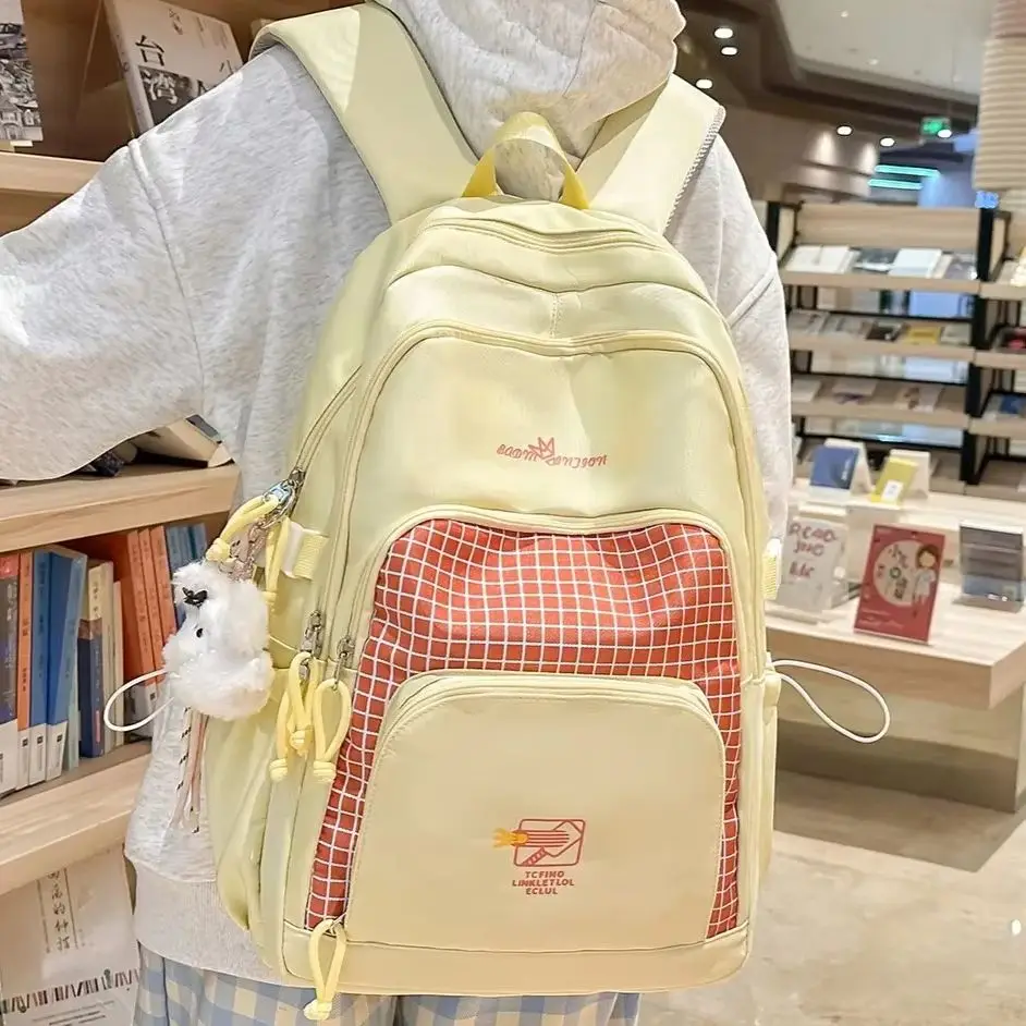 

Large Capacity Travel Backpack Womens School Bag Nylon Breathable Wearable Plaid Pattern Fresh Sweet Style For Teen Girls