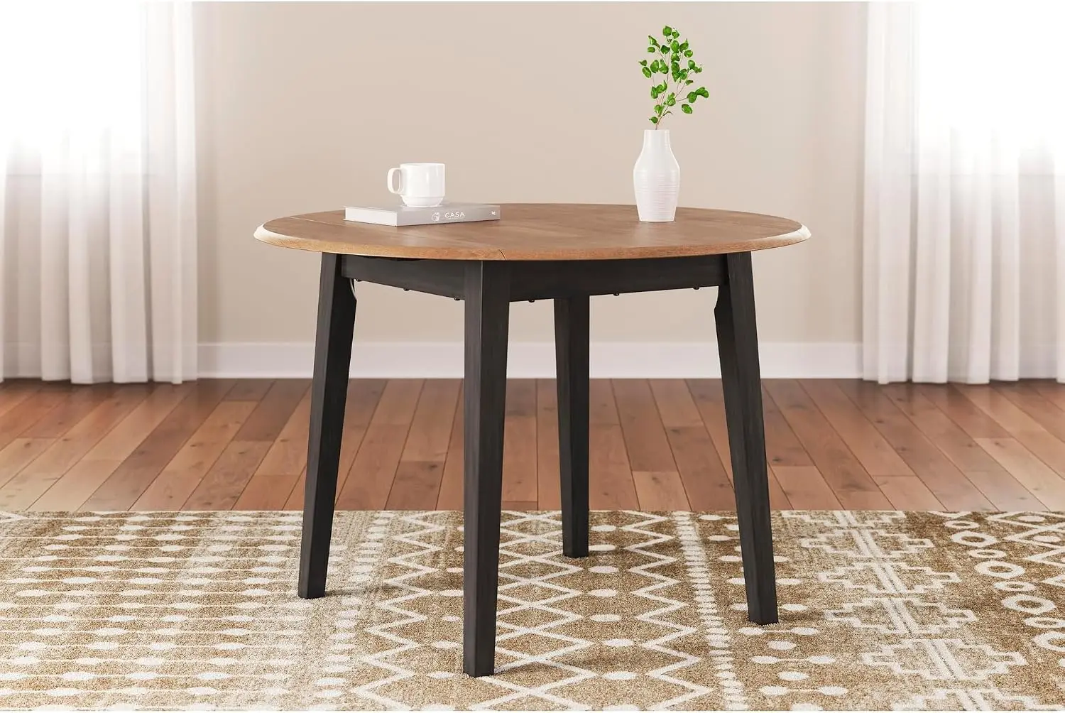 1-Piece Round Drop Leaf Dining Table, 42 in | Two-tone finish, Space-saving 2-to-4 seat capacity, Mango wood veneer top, Dark br