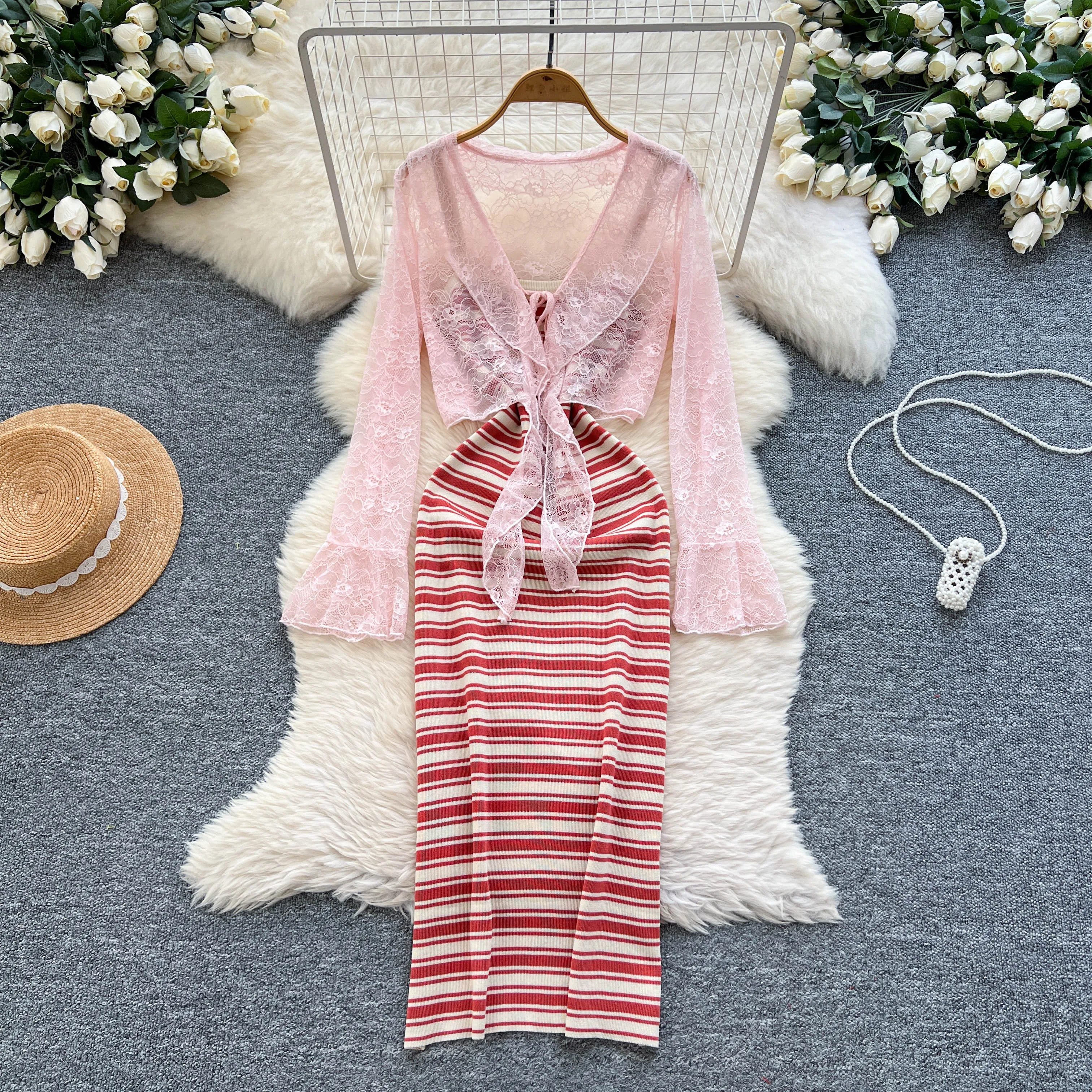 

Chic Elastic flare sleeve Knit Bodycon lace Elegant Korean Fashion Vestidos Summer Slim Wrap Pencil Dress