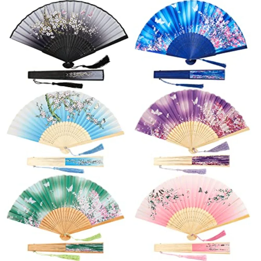 

6 Pcs Folding Hand Fans for Line Dancing Foldable Chinese Fans for Women Girls Vintage Bamboo Handheld Silk Fabric Decorations