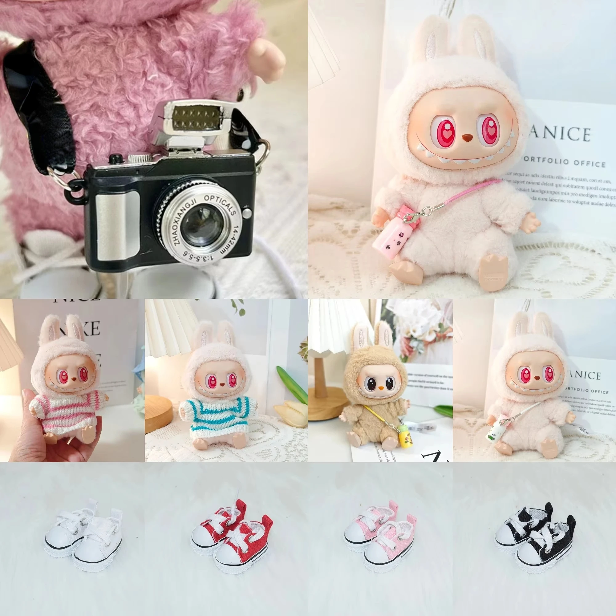

15cm/17cm Mini Plush Doll's Camera Labubu I Ii Idol Dolls Sitting Party Clothing Sweater Grasses Shoes Hat Bottle Accessories